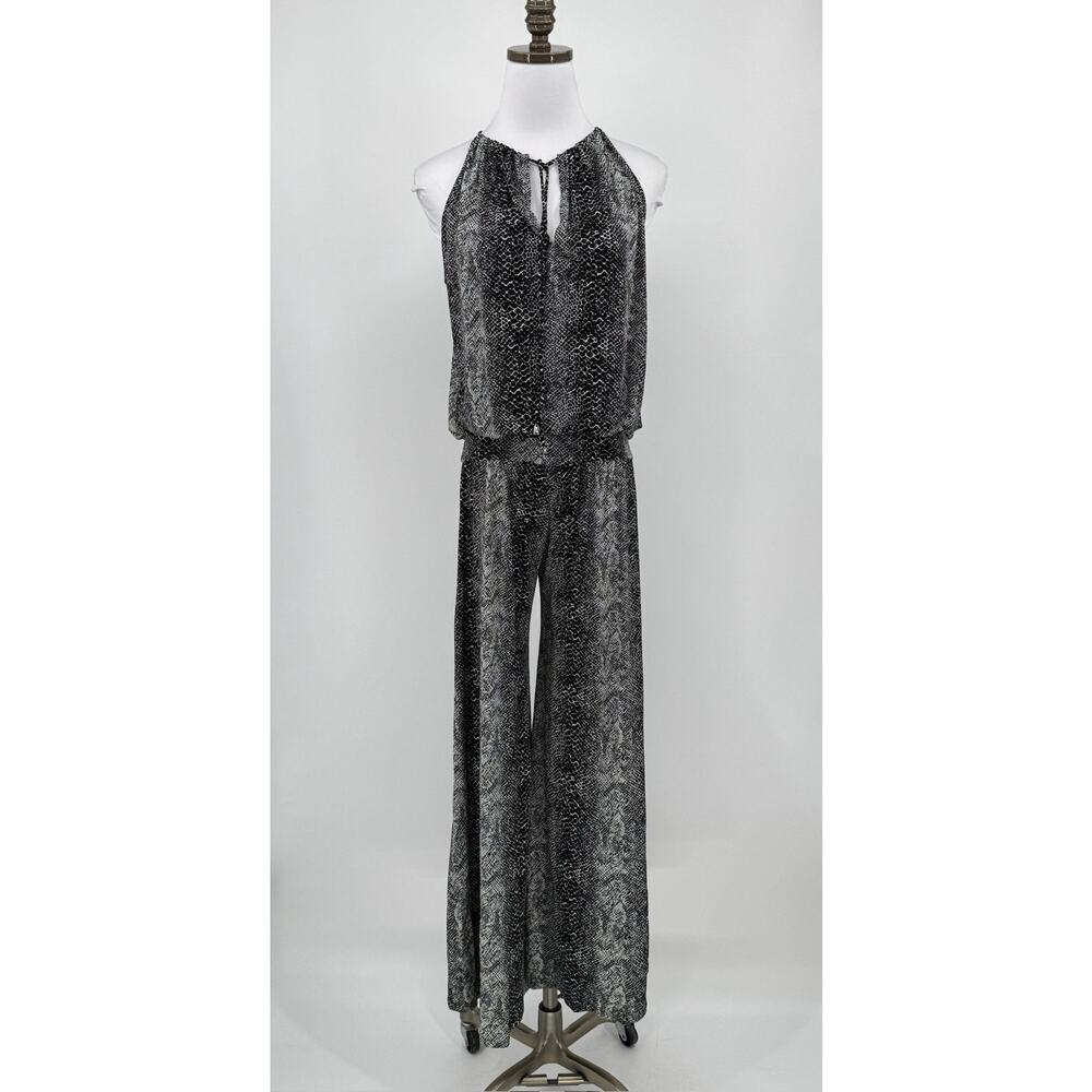 Julian Chang Gray Snakeskin Print Halter Keyhole Neck Wide Leg Jumpsuit Sz L